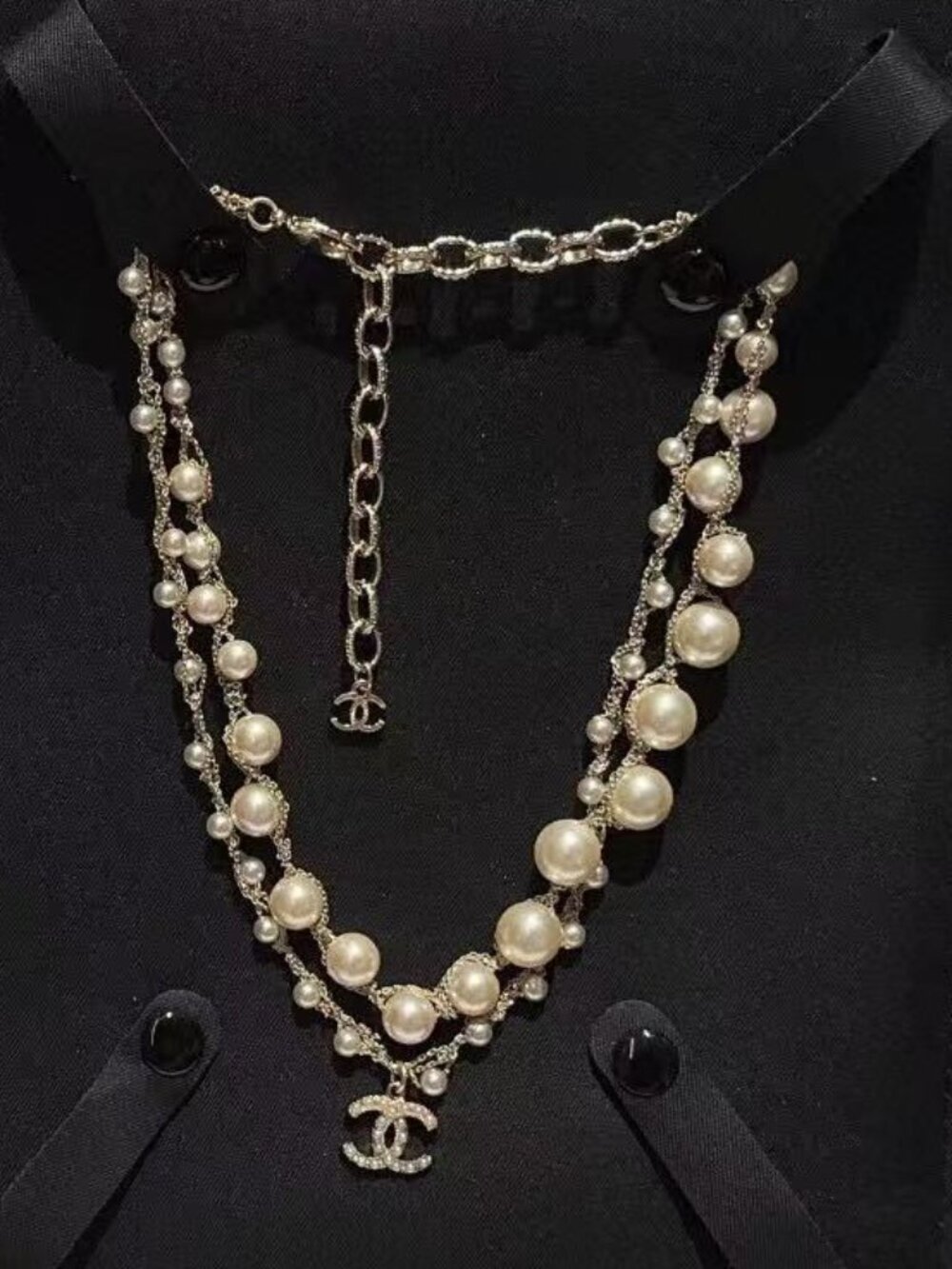Chanel Two-Tier Gradient Pearl Necklace Crystal CC Logo Pendant